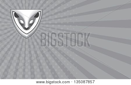 Business card showing illustration of a skunk head viewed from front set inside shield crest done in retro style.