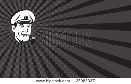 Business card showing illustration of a sea captain shipmaster skipper mariner wearing hat cap smoking smoke pipe smiling done in black and white on isolated background.
