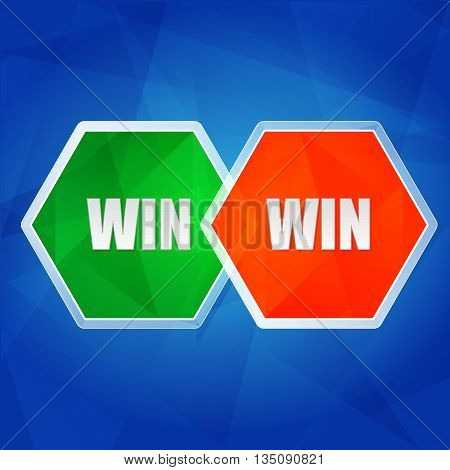 win win - business success teamwork concept words in color hexagons over blue background, flat design, vector