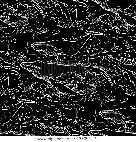 Graphic whales flying in the sky. Sea and ocean creatures. Vector fantasy seamless pattern