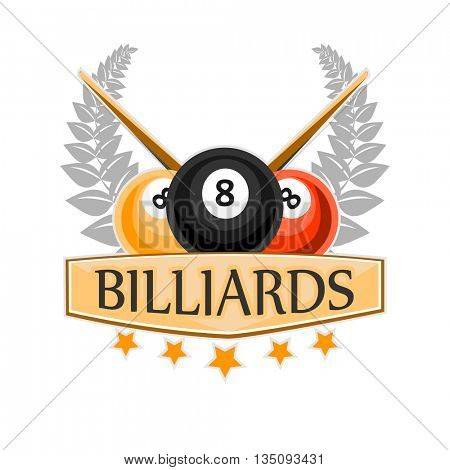 Vector Design Billiards, pool and snooker sport icon. Poolroom emblems design with balls. Vector Illustration. Isolated on White.