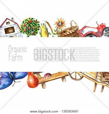 Watercolor organic farm frame. Greeting card background with tractor, sunflower, truck, fence, basket, butterfly, ladybug and spica with place for text.vector