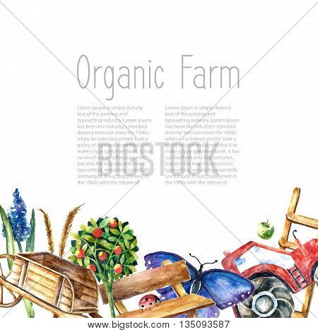 Watercolor organic farm frame. Greeting card background with tractor, sunflower, truck, fence, basket, butterfly, ladybug and spica with place for text.vector