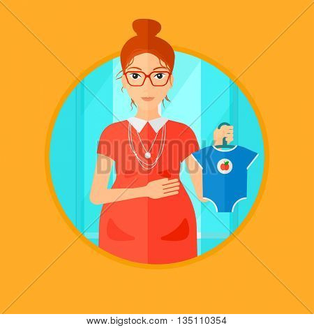 Pregnant woman holding clothes for her baby. Pregnant woman with bodysuit for baby. Pregnant woman with presents at baby shower. Vector flat design illustration in the circle isolated on background.