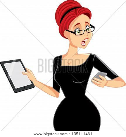 Busy Businesswoman with Smartphone and Tablet Vector Cartoon