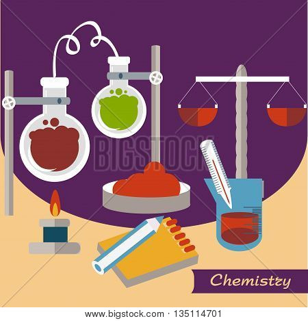 Chemistry. Chemical experience torch and scales. Flat Vector Illustration