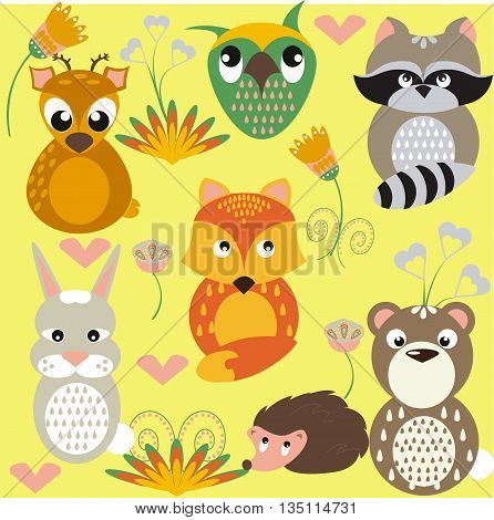 Forest animals. Deer, raccoon, fox, bear, rabbit, owl, hedgehog. Animals on the decorative background. Decorative flowers