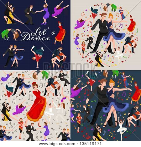 Vector illustration of couple dancing modern dance, Partners dance bachata, Dancing style design concept set, traditional dance flat icon isolated vector illustration, Man and woman ballroom dancing.