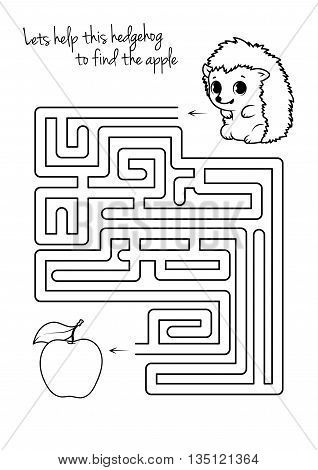 Maze game for kids with hedgehog and apple. Let's help this hedgehog to find the apple. Vector template page with game in black and white style.