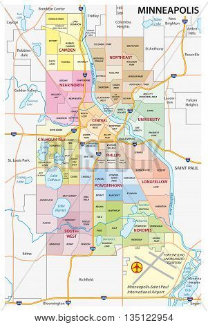 Minneapolis administrative political and road vector map