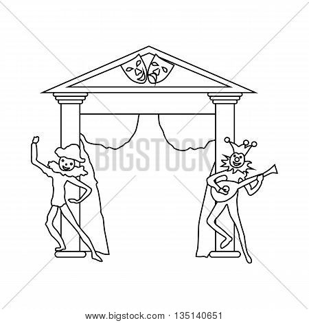 Theater stage with open curtains and two actors icon in outline style on a white background