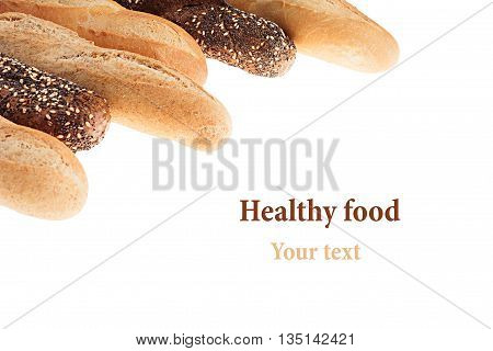 Baguette bread of different varieties on a white background. Rye wheat and whole grain bread. Isolated. Decorative frame of bread. Food background. Copy space.