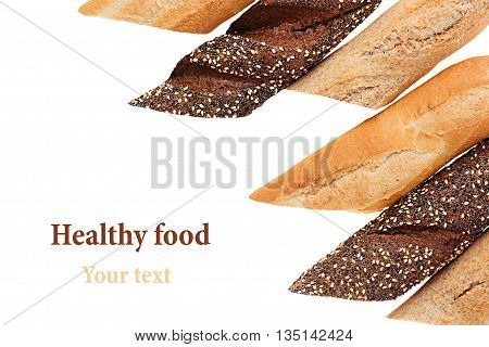 Cut baguette bread of different varieties on a white background. Rye wheat and whole grain bread. Isolated. Decorative frame of bread. Food background. Copy space.
