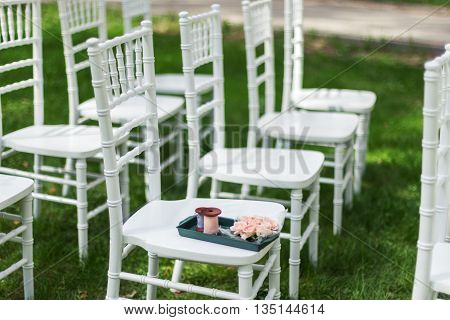 Chiavari chairs on grass. On one of the chairs lay roses and ribbons