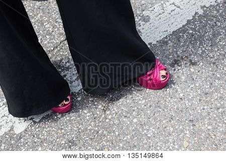 MILAN ITALY - JUNE 18: Detail of shoes outside Marni fashion show building for Milan Men's Fashion Week on JUNE 18 2016 in Milan.