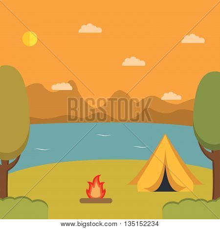 Tourist camp against mountains.infrastructure flat.landscape with the river and mountains.Summer landscape.Solitude in nature by the lake. Weekend in the tent.Hiking and camping.Natural landscape