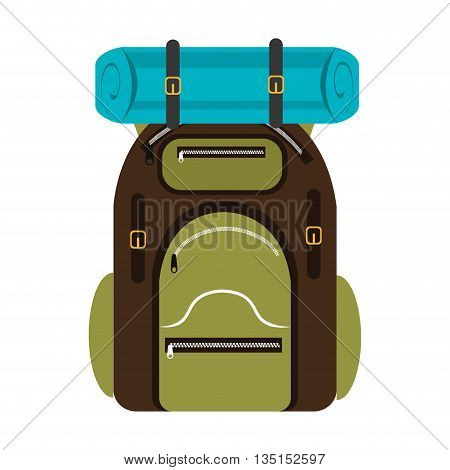green and brown  camping backpack with blue on the top over isolated background, vector illustration