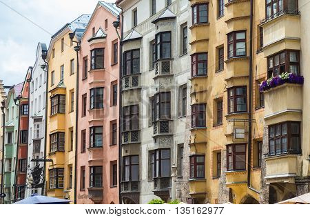 INNSBRUCK AUSTRIA - 18TH JUNE 2016: Buildings along the Herzog Friedrich Strasse in central Innsbruck
