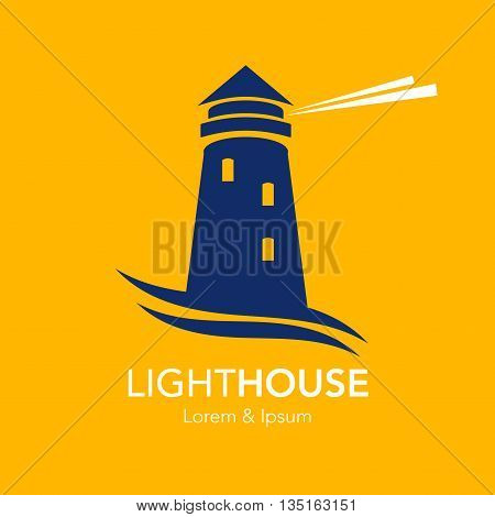 Lighthouse business sign template. Lighthouse & abstract waves icon. Nautical banner. Corporate identity template. Editable layered vector illustration. Sample text.