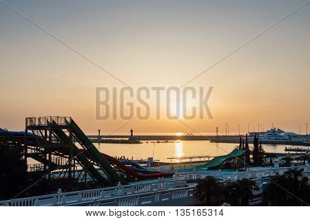 SOCHI, RUSSIA, APRIL 09, 2016 Golden Sunset in Seaport