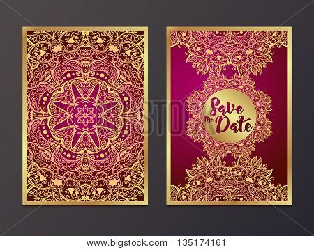 Rich Wedding Invitations Indian style. Bohemian Cards Save this date with mandalas. Deep purple and gold. Unique cards for printing supplies