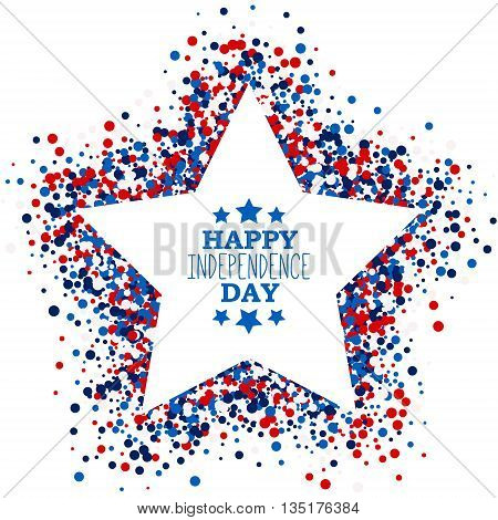 Happy Independence Day festive greeting card with scatter circles in star shape. Design concept poster in traditional American colors - red white blue. Isolated.