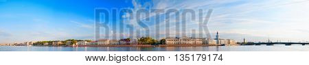 Panoramic view of historic center of Saint Petersburg Russia. Neva river in summer morning quay of island Vasilyevsky