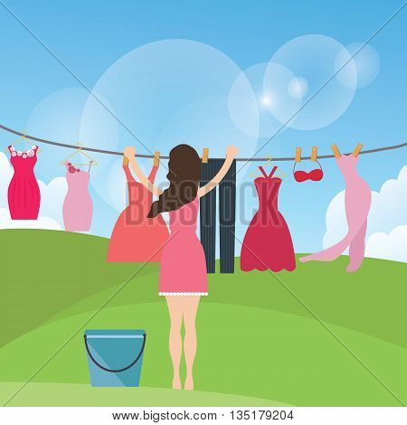 Drying clothes hanging under the sun outdoor vector