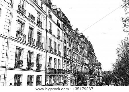 Apartments 6th Arr., trees to the right, Paris, France. Daytime. Black and white pencil drawing generated from photograph.