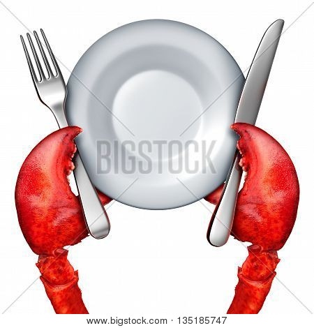 Lobster dinner concept as the red claws of the fresh ocean crustacean holding a fork and knife and blank dish as a gourmet serving symbol isolated on white with 3D illustration elements.