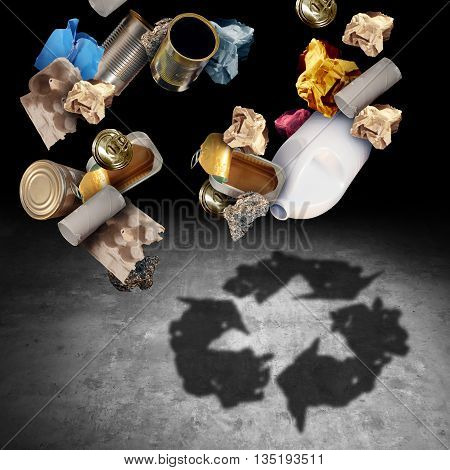 Recycle and recycling concept as a symbol of throwing garbage and reusable waste management as old paper glass metal and plastic household products casting a shadow of the icon and symbol of reusing for environmental conservation in a 3D illustration