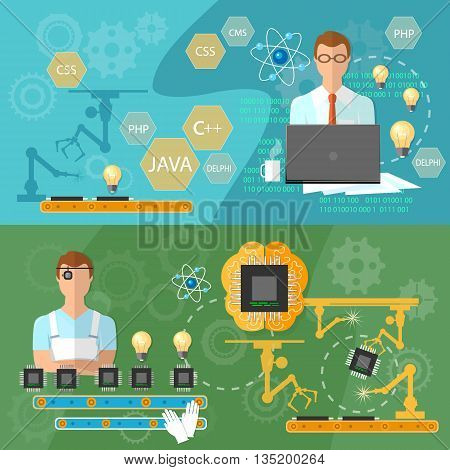Creating banners creative technology computer production professional programmer assembly line process of assembling computers operator conveyor creation of microchips vector