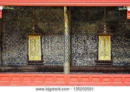 Thai Style Art Painting Wall And Golden Windows Thai Temple Bangkok Thailand