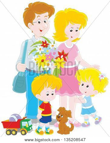 Happy family together. Vector illustration of a mother, a father, their little children and small pup, on a white background