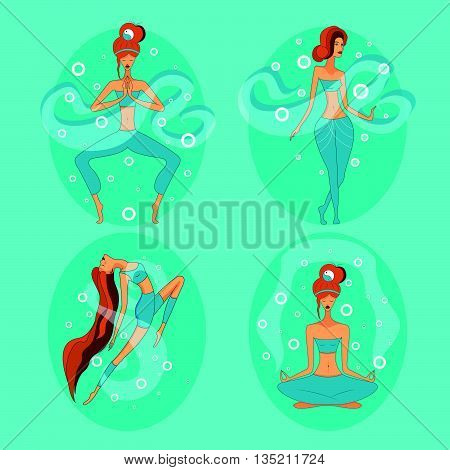 set of images of a redhead yoga girl