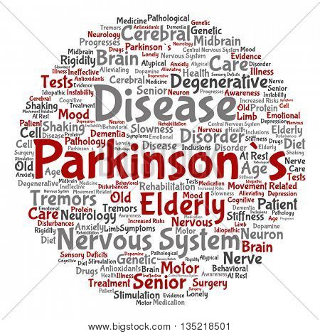 Concept conceptual Parkinson`s disease healthcare or nervous system disorder abstract round word cloud isolated on background