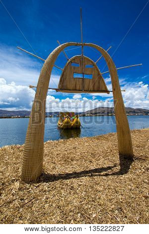 Totora boat on the Titicaca lake near Puno, Peru