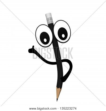 Black pencil character with eyes and hands. Character is giving a thumbs up. Isolated 3D illustration.