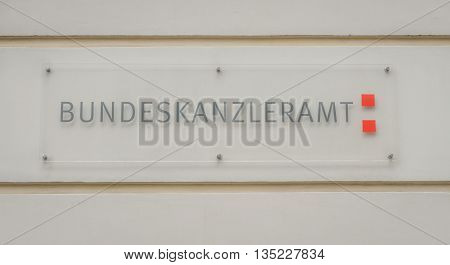 VIENNA AUSTRIA - MAY 31 2016: sign of bundeskanzleramt at the bundeskanzleramt building at Ballhausplatz. 21010 vienna