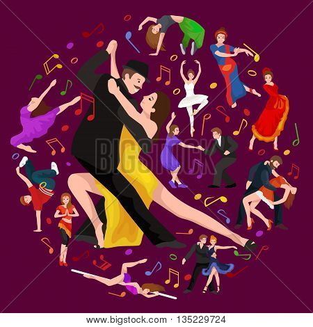 Vector illustration of couple dancing modern dance, Partners dance bachata, Dancing style design concept set, traditional dance flat icon isolated vector illustration, Man and woman ballroom dancing.
