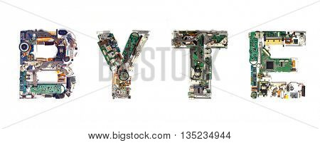 The word  BYTE  made  with letters that are made of computer parts