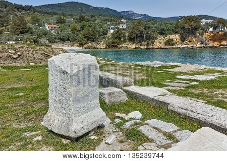 Ancient Column and seascape in Archaeological site of Aliki, Thassos island,  East Macedonia and Thrace, Greece