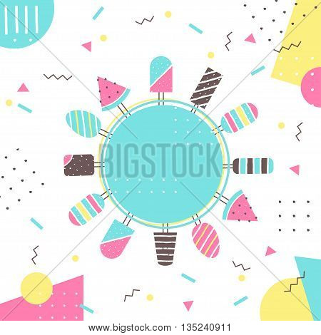 Ice-cream and Popsicles on Sticks. Colorful Vector Background with Round Sign