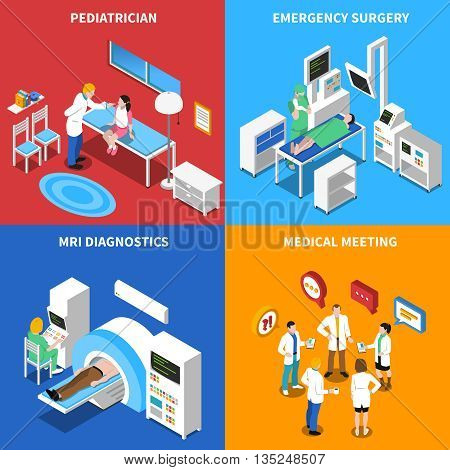 Medical hospital personnel patient relationship in emergency and  mri diagnostic facility 4 isometric icons isolated vector illustration