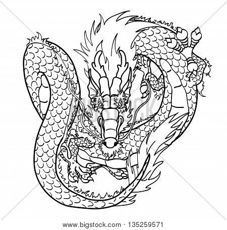 Flying Asian Chinese dragon black contour line on white background