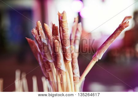 Italian prosciutto Spanish hamon in table catering