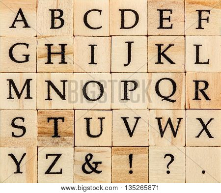 English alphabet uppercase background of isolated wood letterpress printing blocks