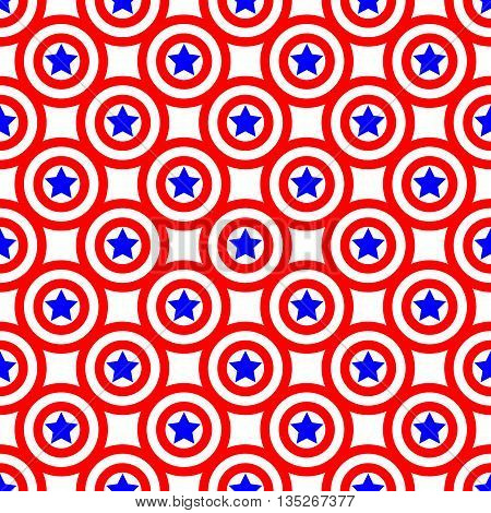 Circles and stars seamless pattern. American patriotic stars and rounds image in bright red blue and white. Template for prints textiles wrapping wallpaper website etc. Stock vector illustration