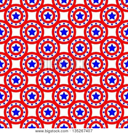 Stars and circles seamless pattern. American patriotic stars and rounds image in bright red blue and white. Template for prints textiles wrapping wallpaper website etc. Stock vector illustration