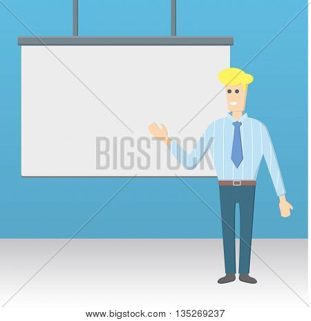 businessman presenting vector illustration. white blank board.